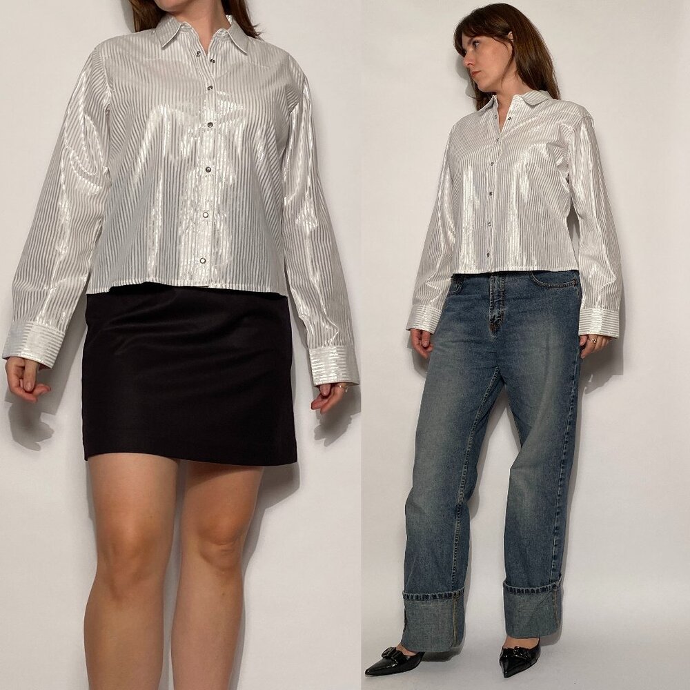 Vintage Y2K WRANGLER Metallic Silver Striped WESTERN Shirt! Large